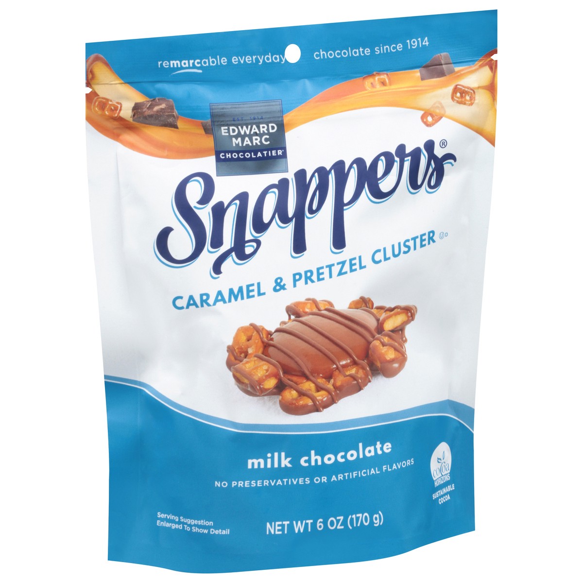 slide 3 of 9, Edward Marc Chocolatier Snappers Milk Chocolate Caramel & Pretzel Cluster 6 oz, 6 oz