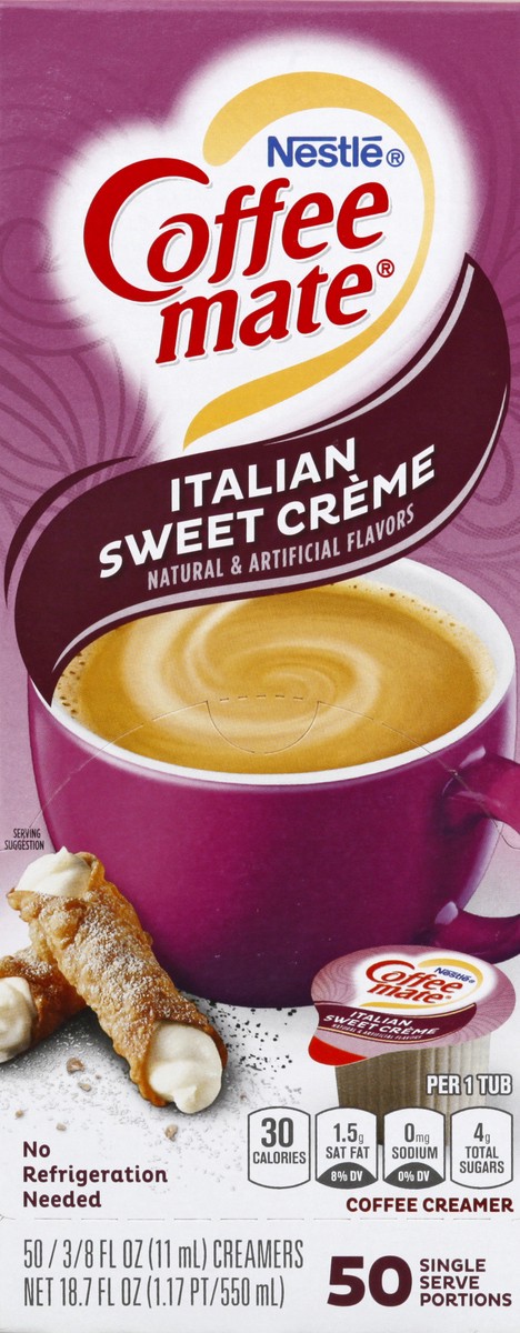 slide 3 of 13, NESTLE COFFEE MATE Coffee Creamer Italian Sweet Crème Flavor, Liquid Creamer Singles, 0.375 fl oz, 50 Count., 18.70 fl oz