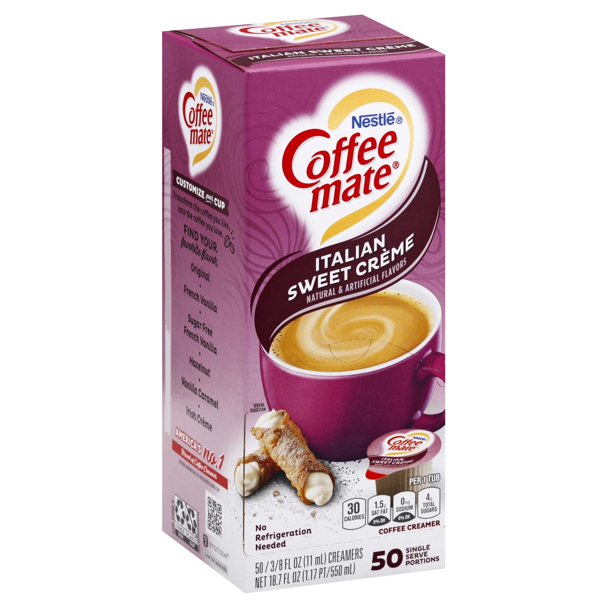 slide 13 of 13, NESTLE COFFEE MATE Coffee Creamer Italian Sweet Crème Flavor, Liquid Creamer Singles, 0.375 fl oz, 50 Count., 18.70 fl oz