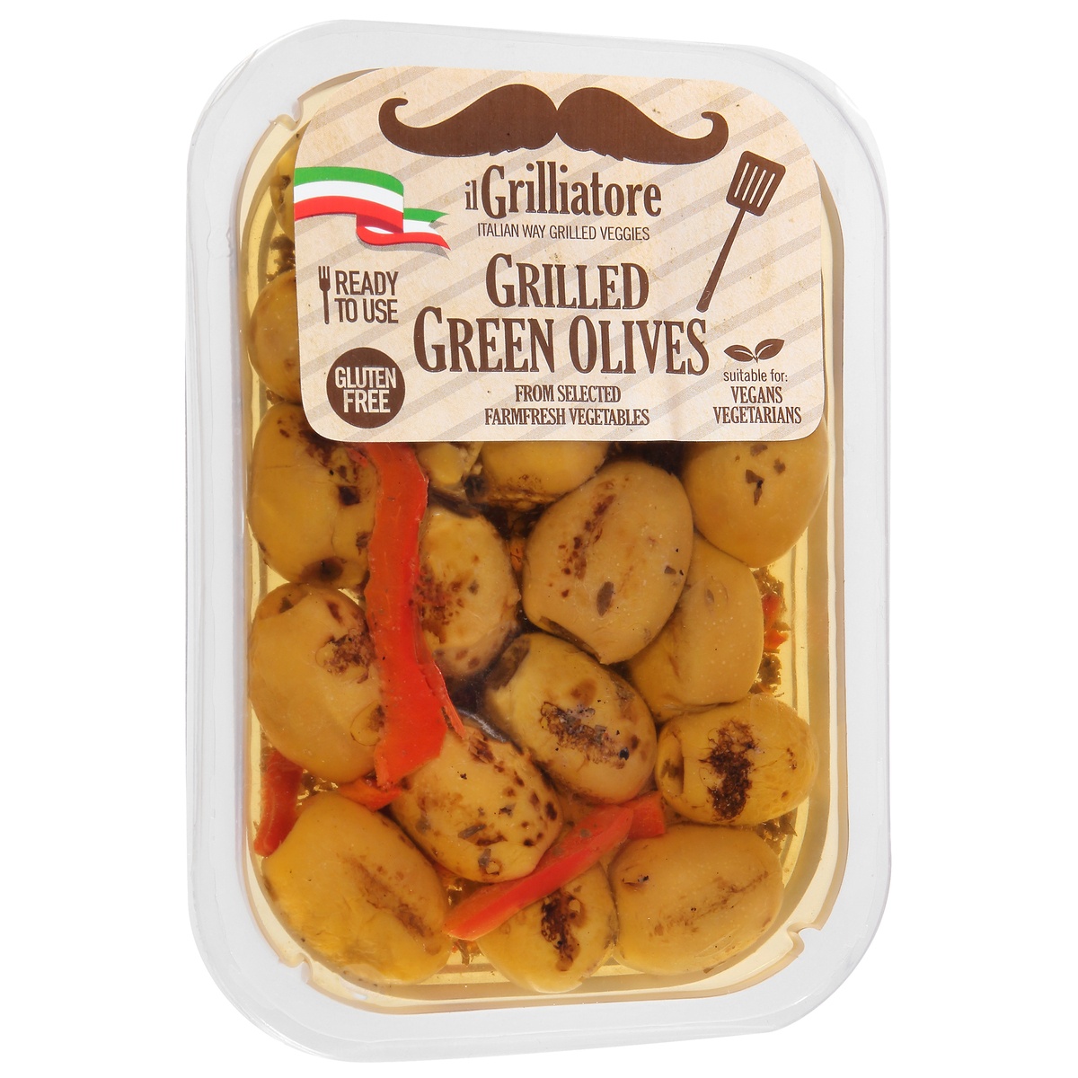 slide 2 of 10, il Grilliatore Grilled Green Pitted Olives, 8 fl oz