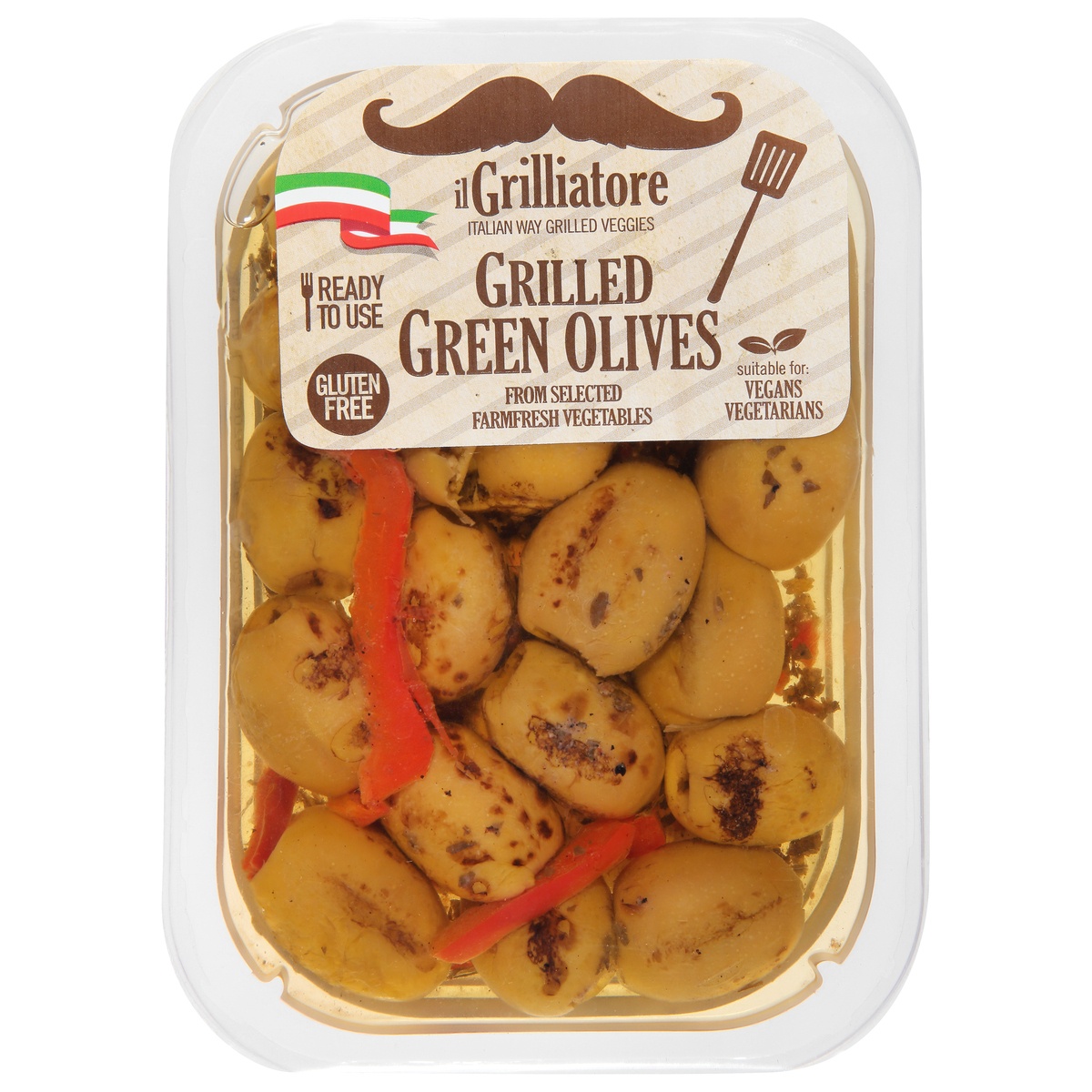slide 1 of 10, il Grilliatore Grilled Green Pitted Olives, 8 fl oz