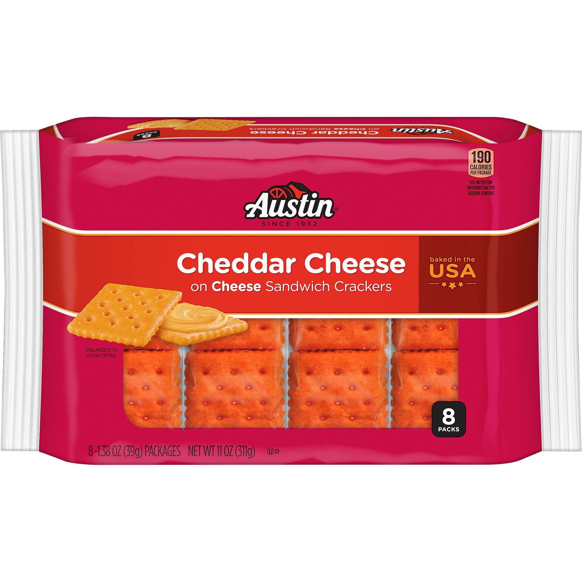 slide 1 of 5, Austin Sandwich Crackers, Single Serve Snack Crackers, Office and Kids Snacks, Cheddar Cheese on Cheese, 11oz Tray, 8 Packs, 11 oz