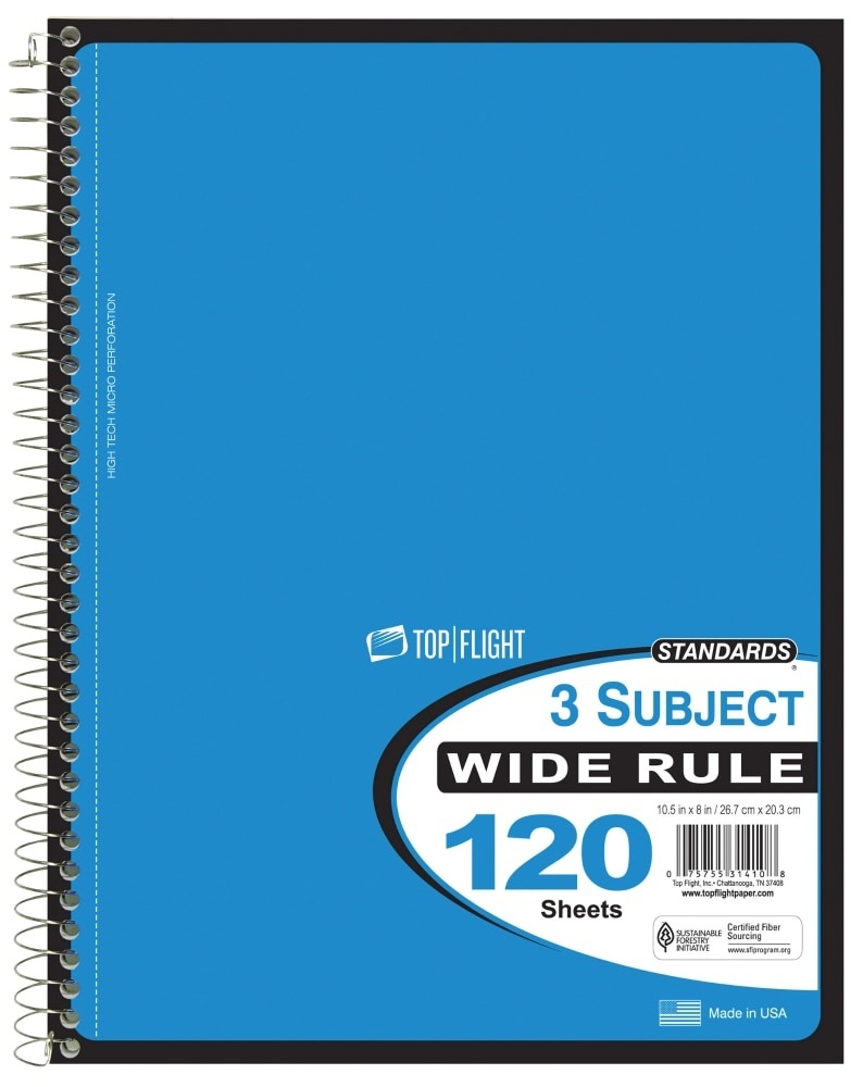 slide 1 of 1, Top Flight Standards Notebook 3 Subject Wide Ruled, 120 ct