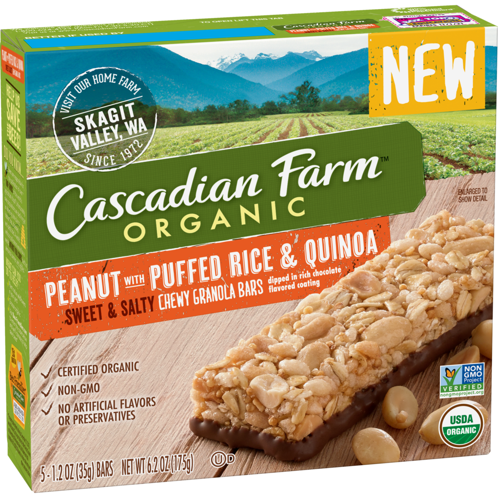 slide 1 of 1, Cascadian Farm Organic Peanut With Puffed Rice & Quinoa Chewy Granola Bars, 5 ct; 1.2 oz