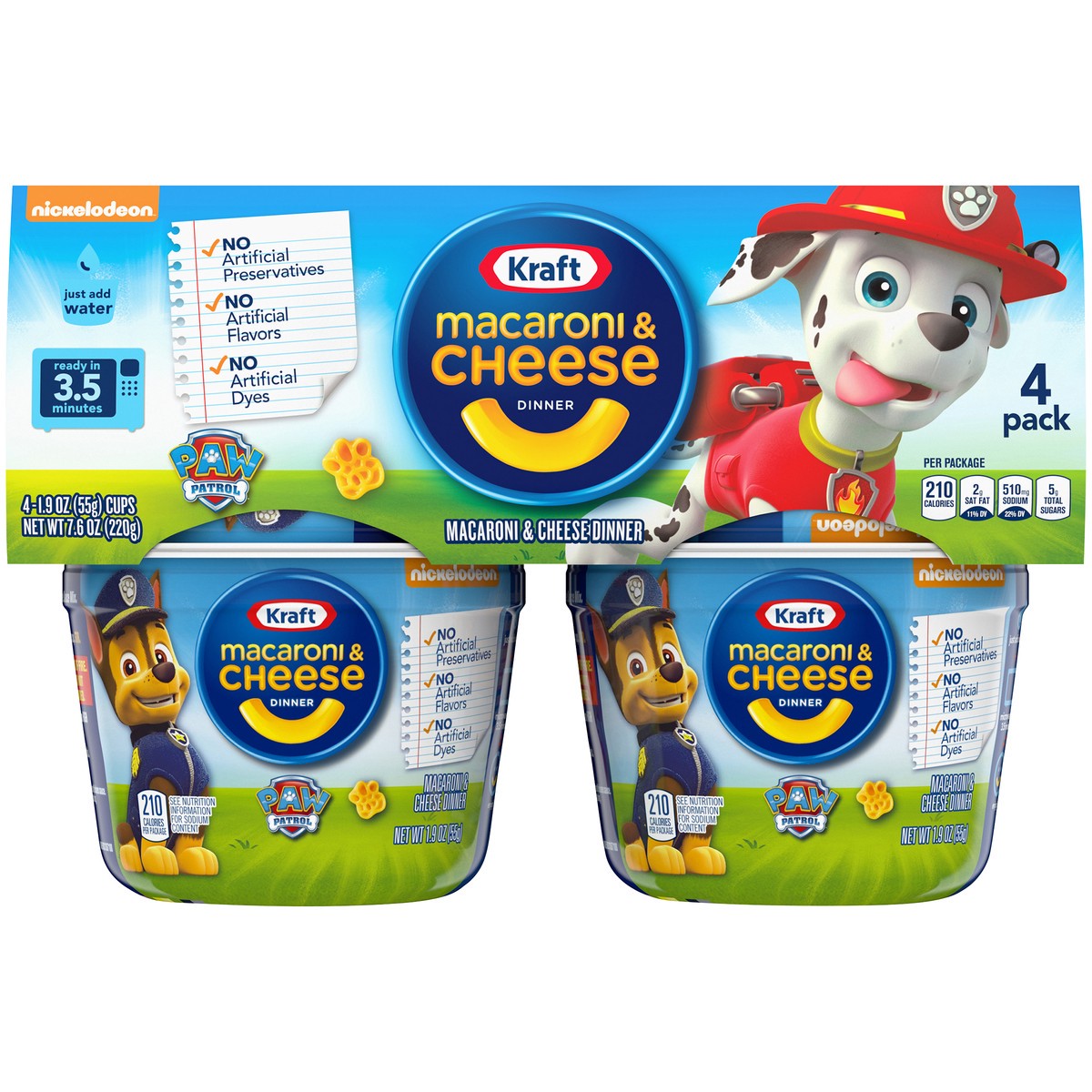 slide 6 of 9, Kraft Mac & Cheese Macaroni and Cheese Dinner Easy Microwavable Dinner with Nickelodeon Paw Patrol Pasta Shapes, 4 ct Pack, 1.9 oz Cups, 4 ct