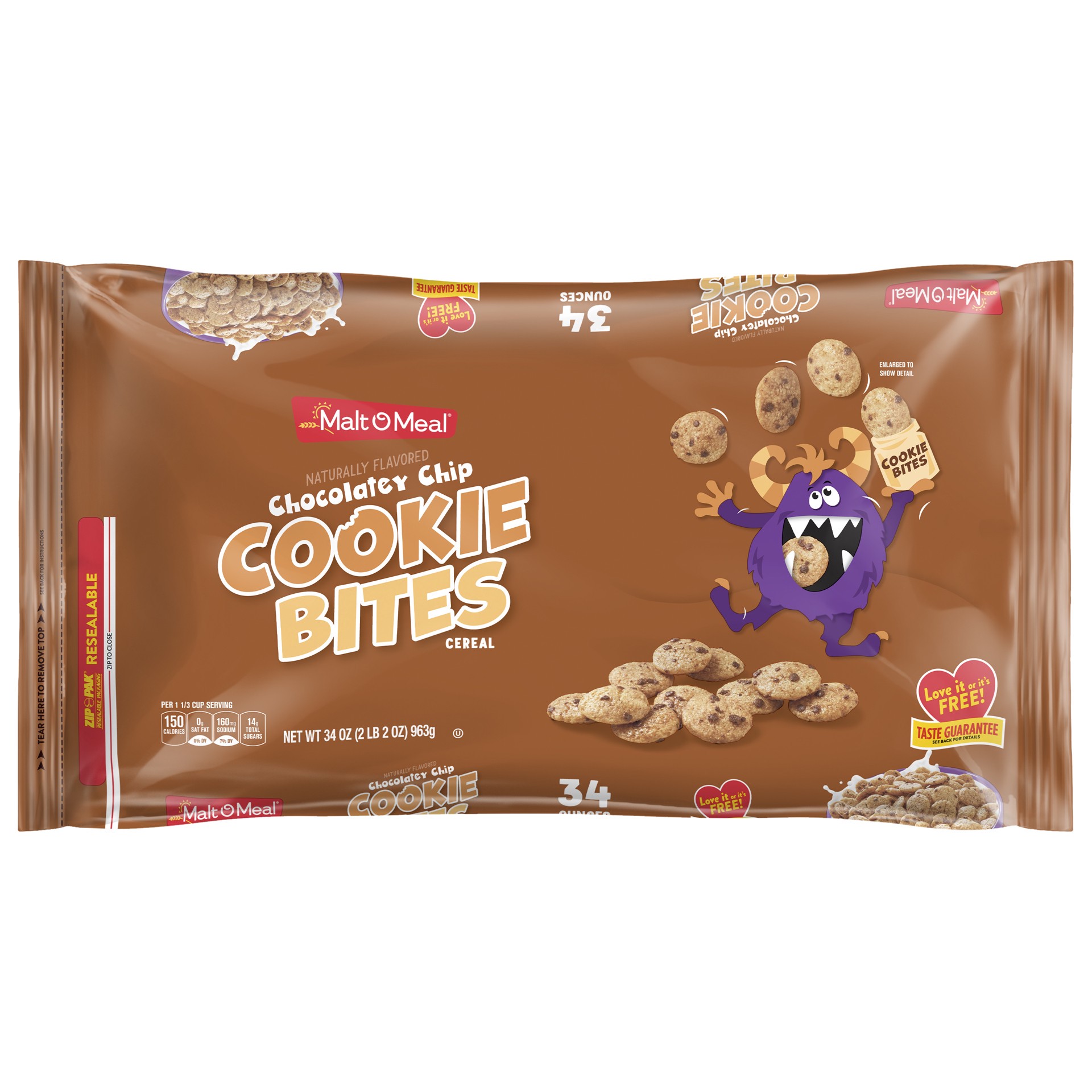 slide 3 of 5, Malt-O-Meal Chocolatey Chip Cookie Bites Breakfast Cereal, 34 oz