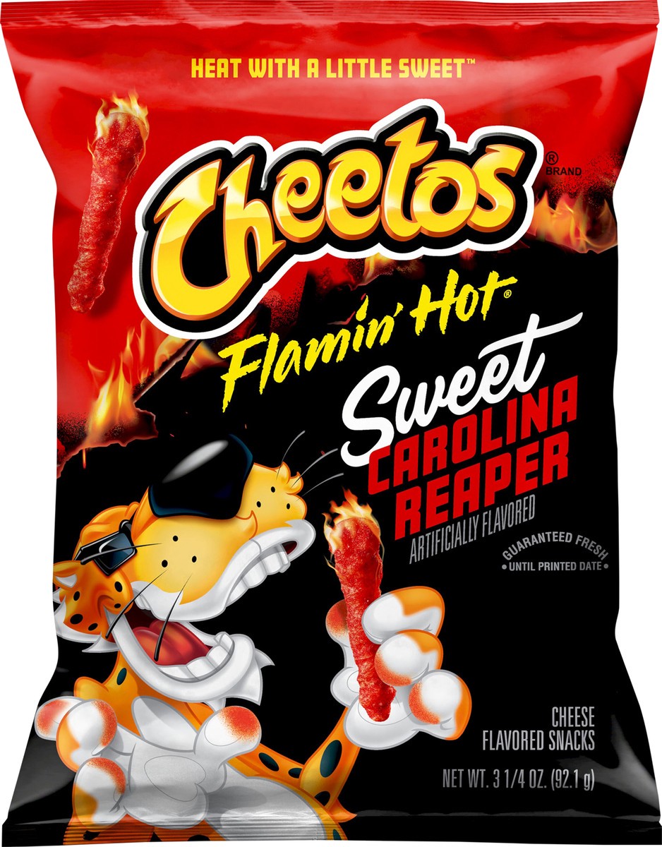 slide 2 of 8, Cheetos Flamin' Hot Sweet Carolina Reaper Cheese Flavored Snacks, 3.25 oz