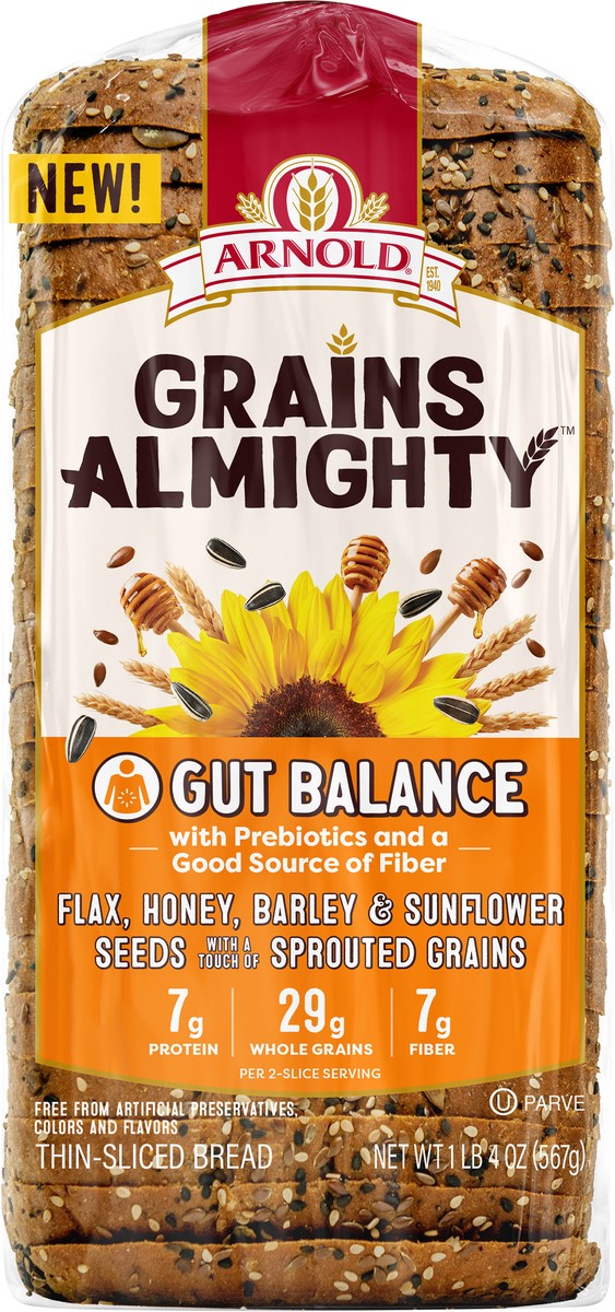 slide 2 of 7, Arnold Grains Almighty Thin-Sliced Gut Balance Bread 567 g, 20 oz