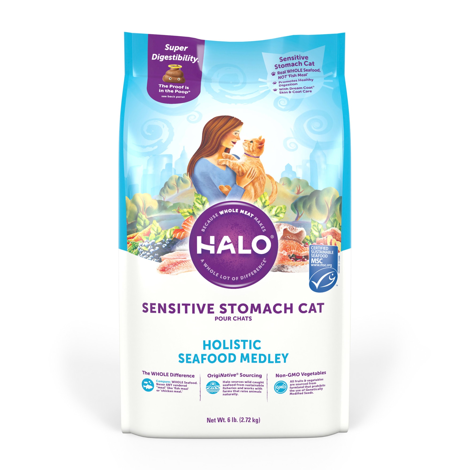 slide 1 of 1, Halo Sensitive Stomach Holistic Seafood Medley Dry Cat Food, 6 lb