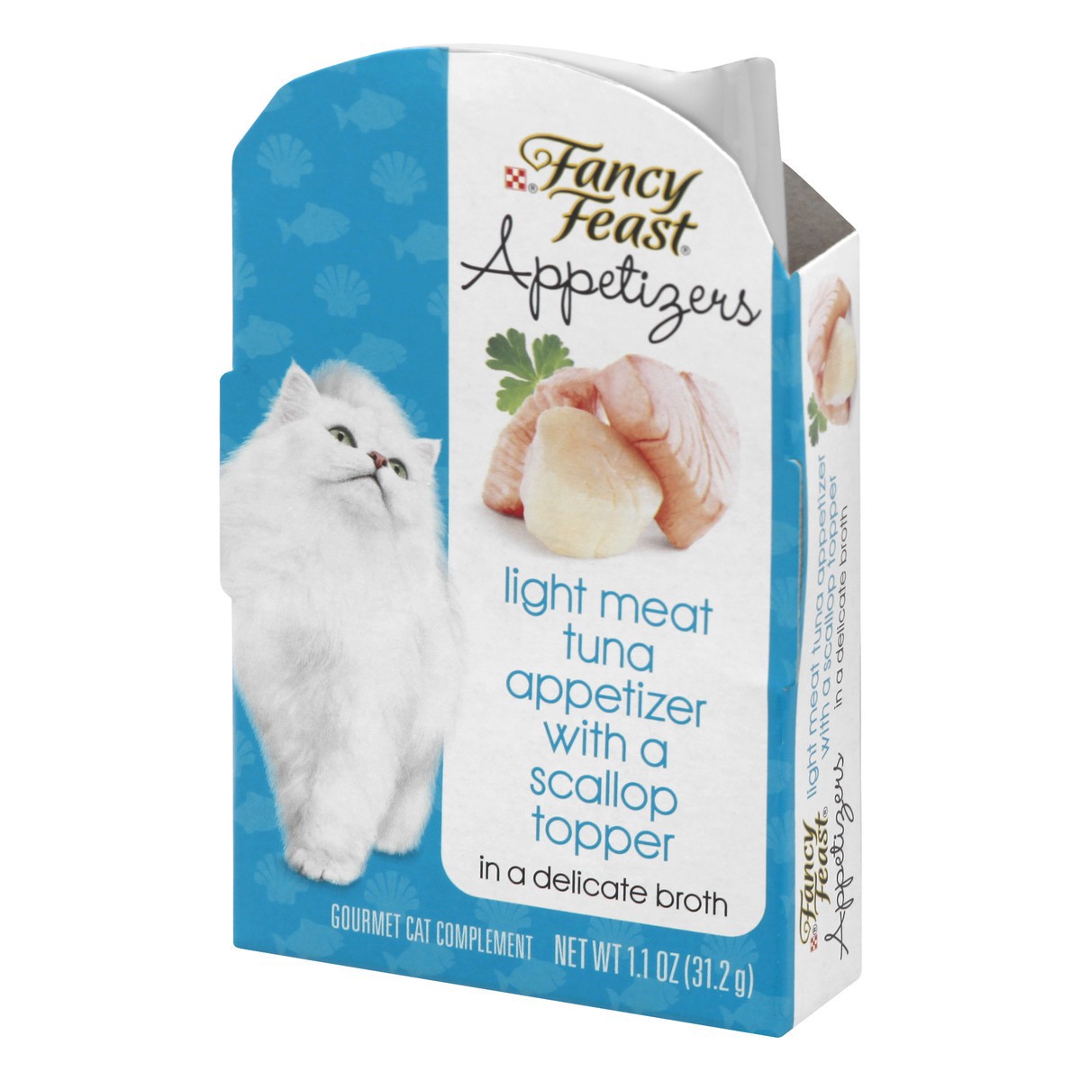 slide 6 of 9, Fancy Feast Purina Fancy Feast Appetizers Lickable Grain Free Wet Cat Food Topper Light Meat Tuna Appetizer with Scallop - 1.1 oz. Tray, 1.1 oz