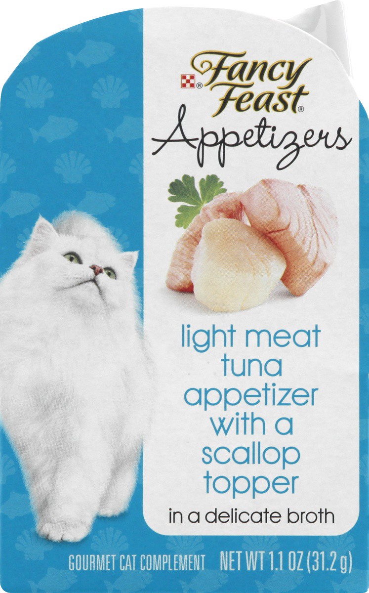 slide 2 of 9, Fancy Feast Purina Fancy Feast Appetizers Lickable Grain Free Wet Cat Food Topper Light Meat Tuna Appetizer with Scallop - 1.1 oz. Tray, 1.1 oz