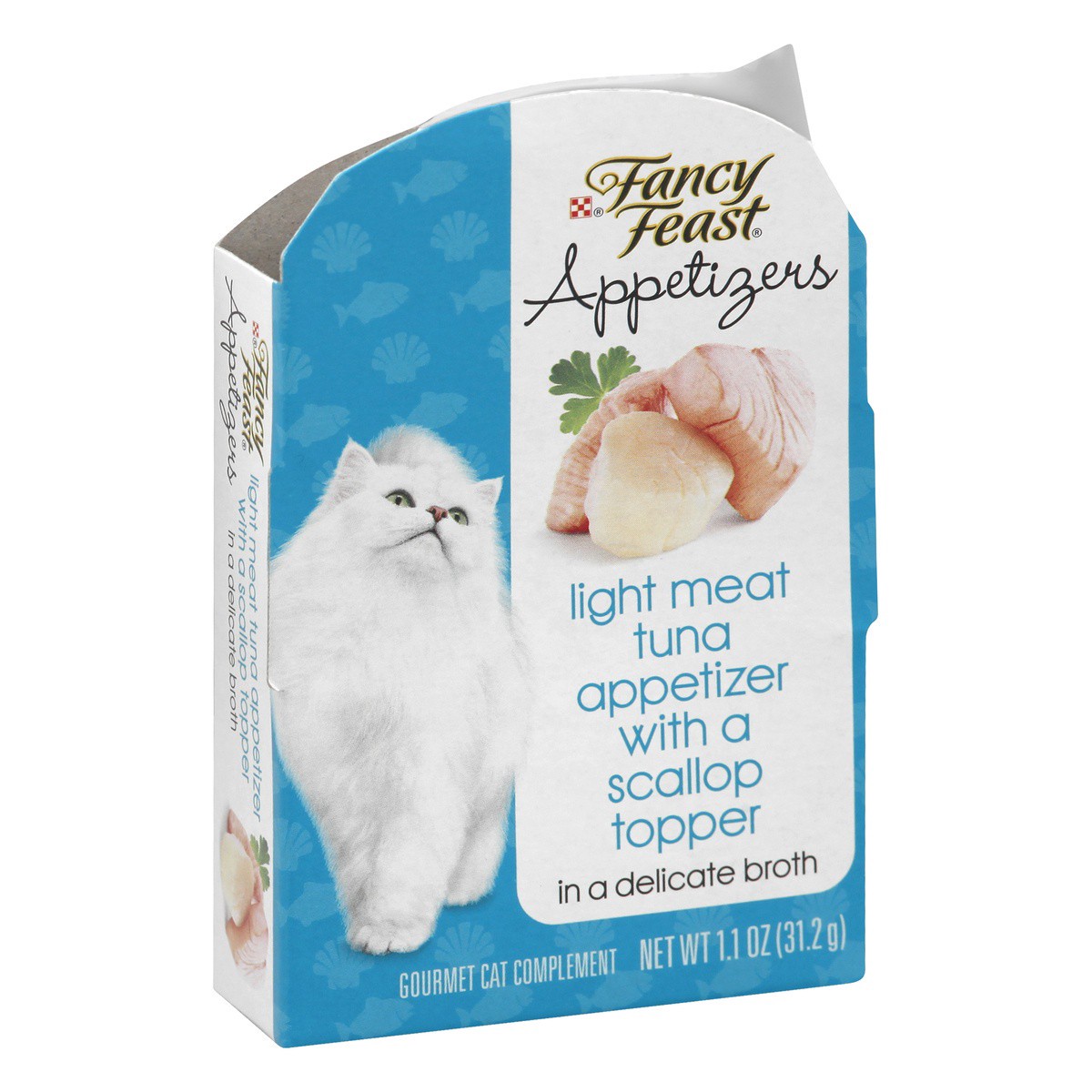slide 1 of 9, Fancy Feast Purina Fancy Feast Appetizers Lickable Grain Free Wet Cat Food Topper Light Meat Tuna Appetizer with Scallop - 1.1 oz. Tray, 1.1 oz