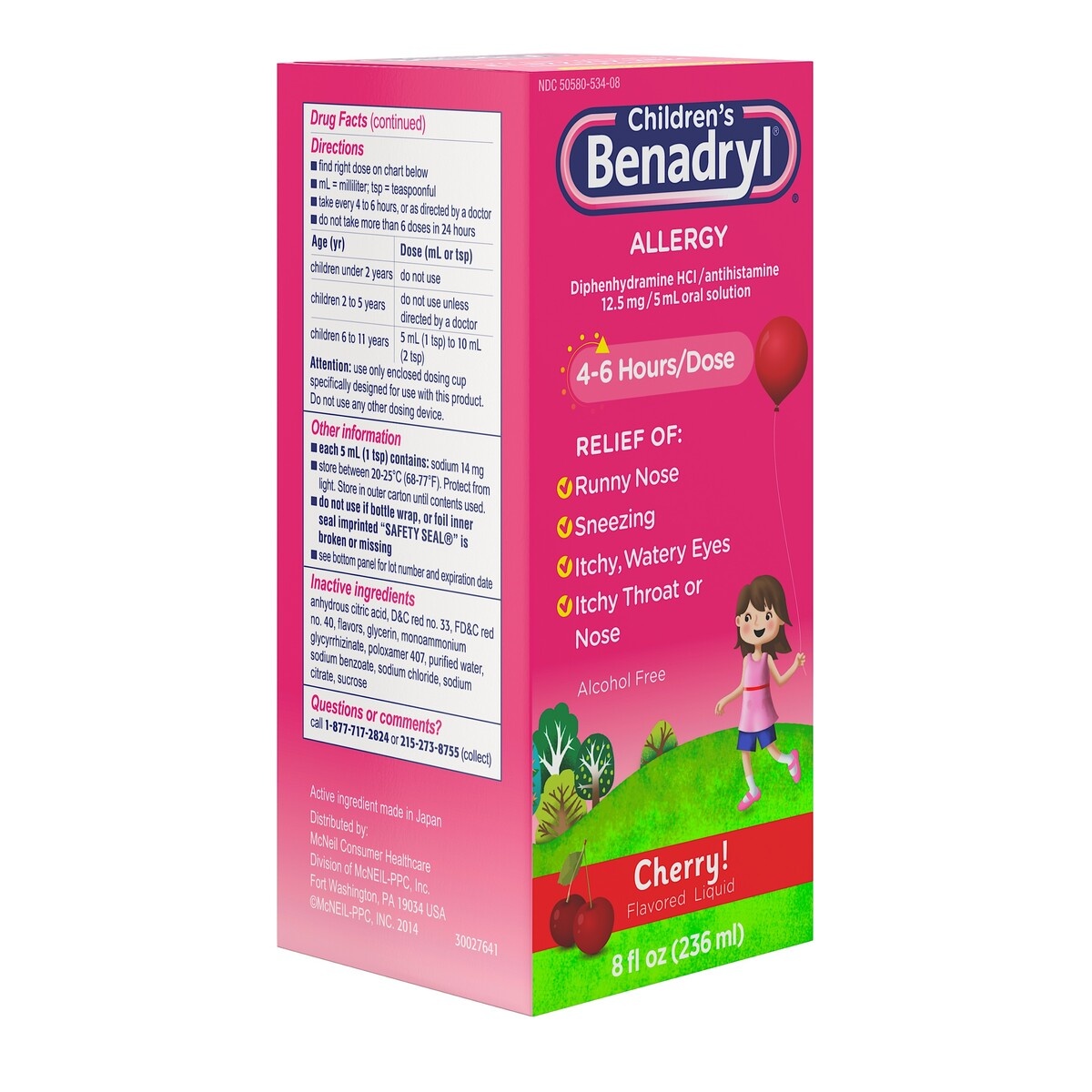 slide 2 of 5, Children's Benadryl Allergy Relief Liquid Medicine with Diphenhydramine HCl Antihistamine for Kids' Allergy Relief, Effective Allergy Relief, Cherry Flavor, 8 fl oz