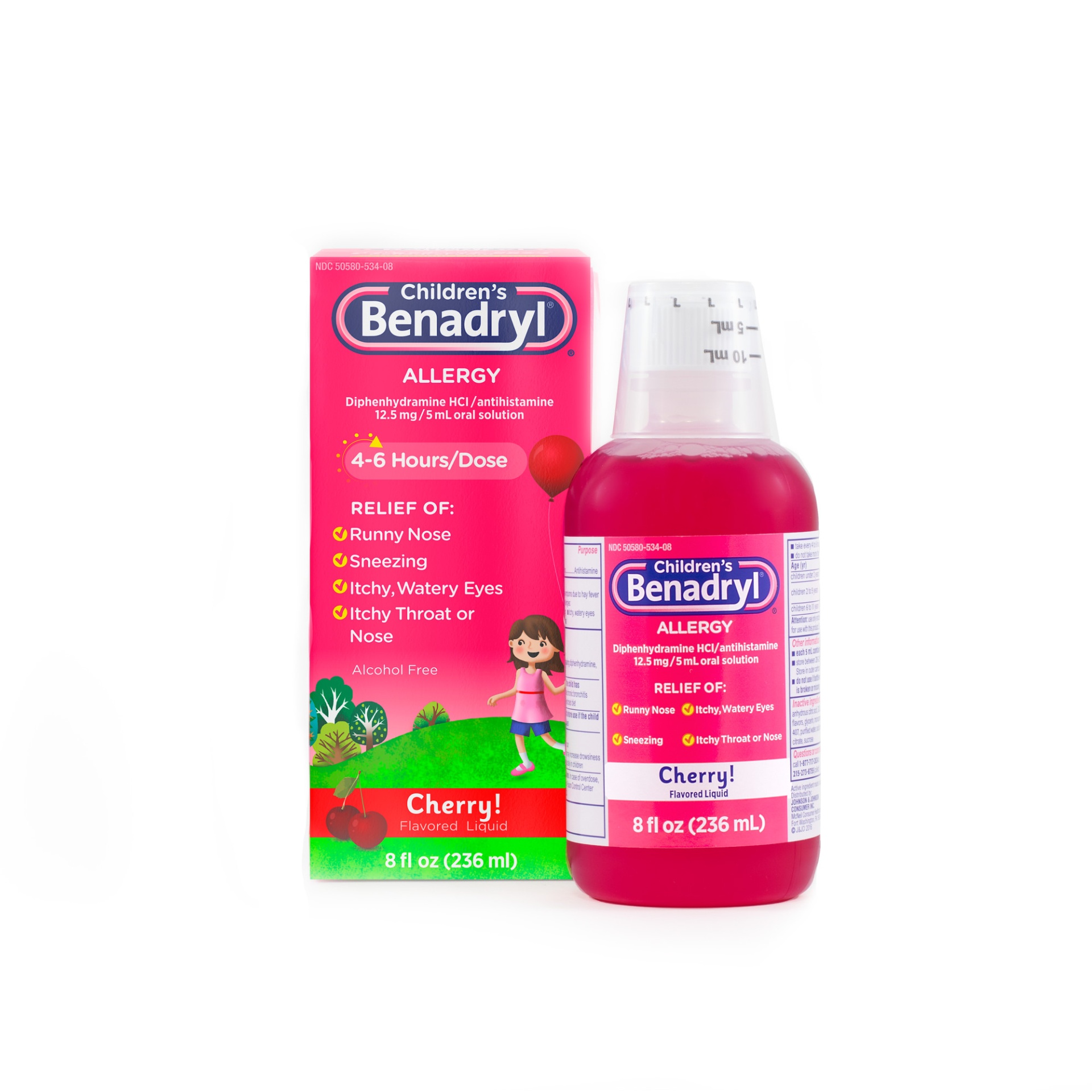 slide 1 of 5, Children's Benadryl Allergy Relief Liquid Medicine with Diphenhydramine HCl Antihistamine for Kids' Allergy Relief, Effective Allergy Relief, Cherry Flavor, 8 fl oz