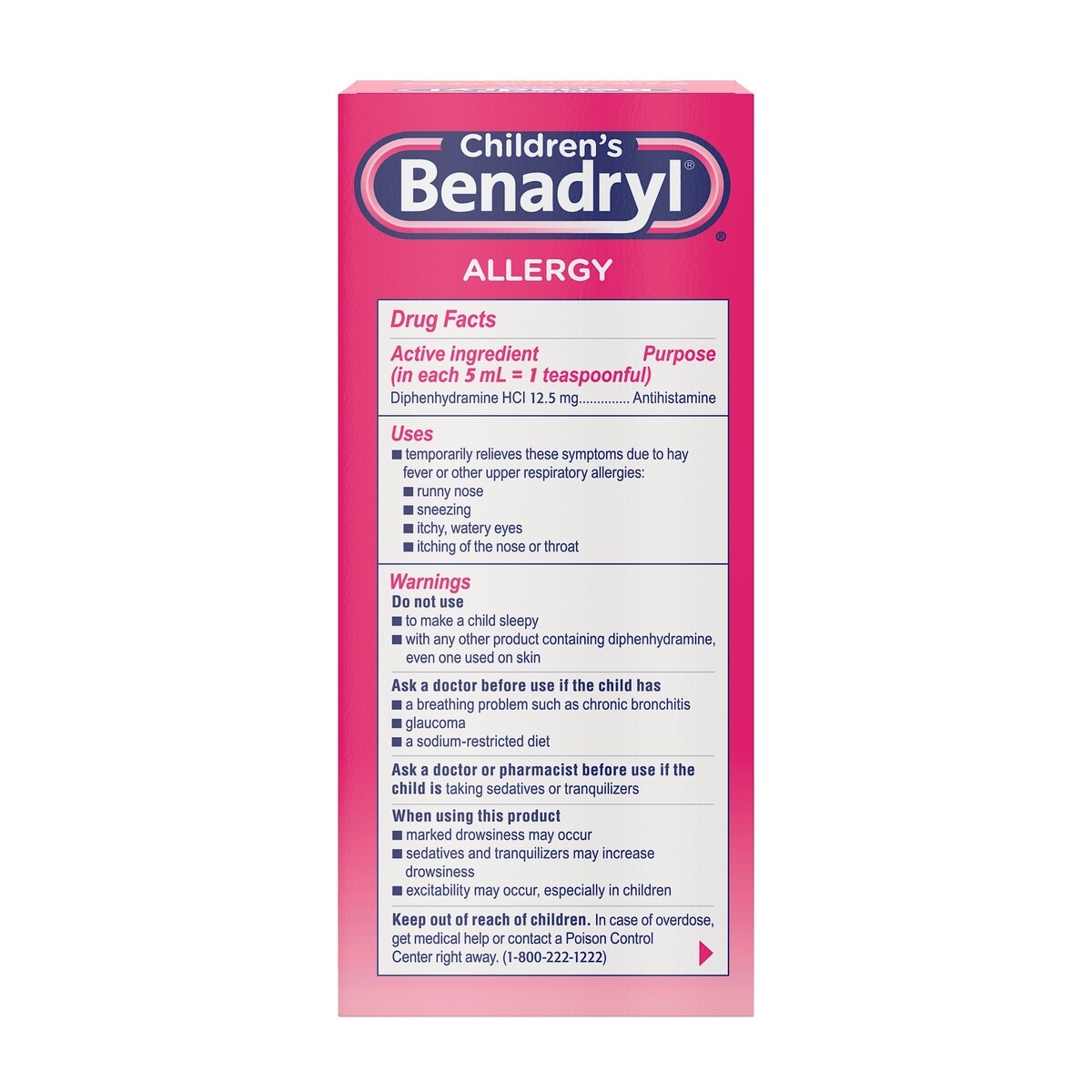slide 5 of 5, Children's Benadryl Allergy Relief Liquid Medicine with Diphenhydramine HCl Antihistamine for Kids' Allergy Relief, Effective Allergy Relief, Cherry Flavor, 8 fl oz