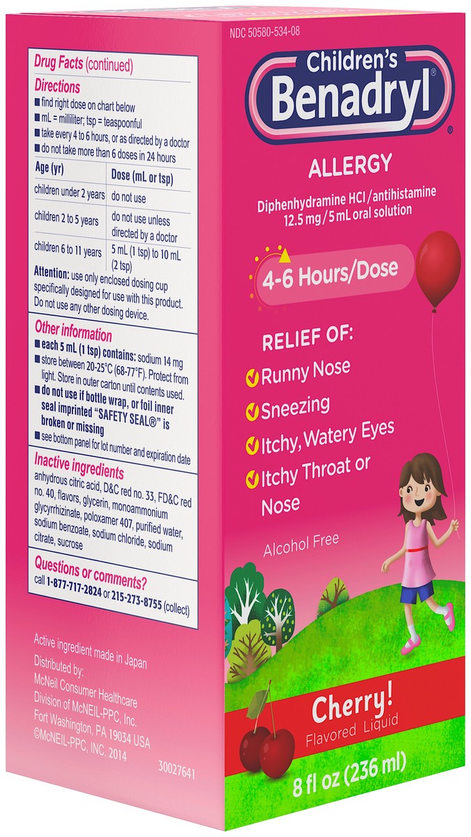 slide 1 of 6, Benadryl Allergy Non Anti Itch, Liquid, Cherry, 8 fl oz