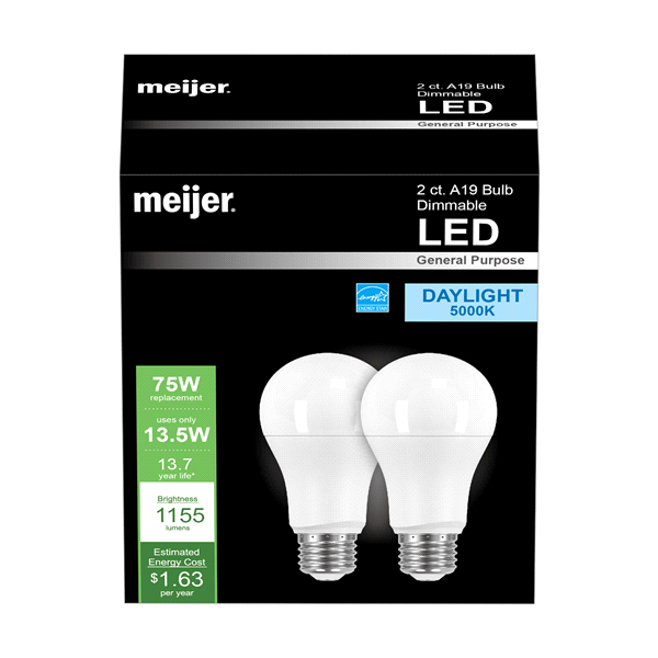 slide 1 of 1, Meijer LED Light Bulb 75W Equivalent A19 Dimmable Daylight, 2 ct