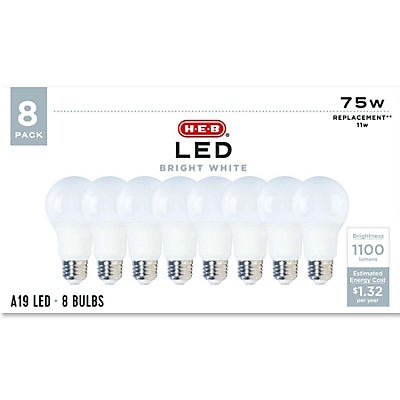slide 1 of 1, H-E-B A19 75-Watt Bright White LED Light Bulbs, 8 ct