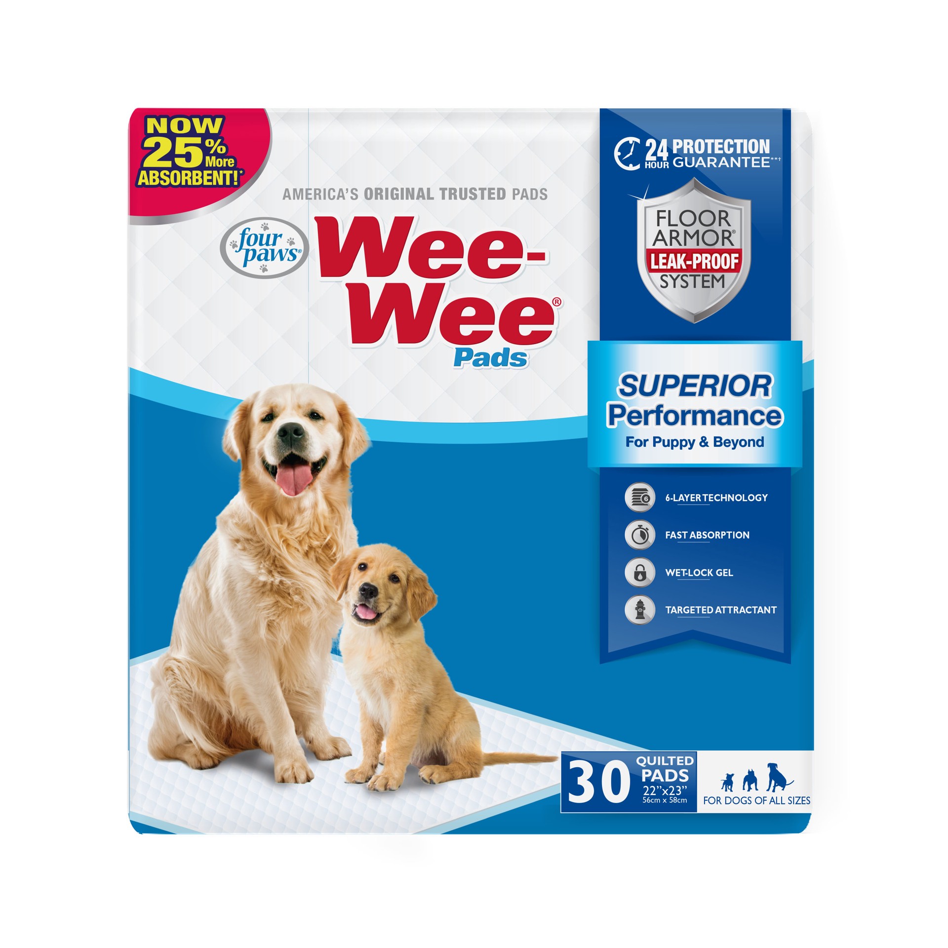 slide 1 of 9, Four Paws Four Paws Wee-Wee Superior Performance Dog Pee Pads 22" x 23" (30 Pack), 30 ct