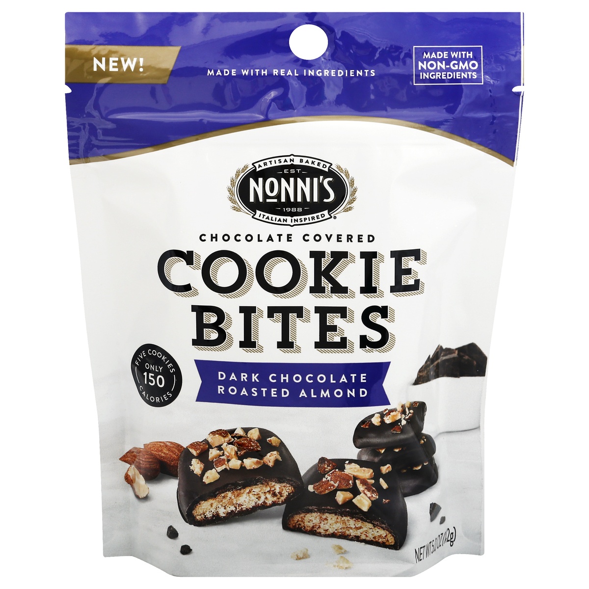 slide 1 of 10, Nonni's Dark Chocolate Roasted Almond Cookie Bites, 5 oz