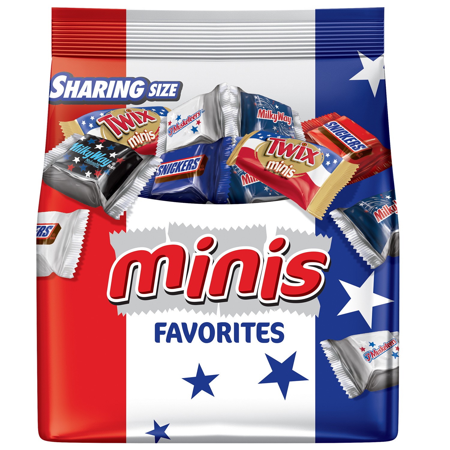 slide 5 of 5, Mixed SNICKERS, TWIX, 3 MUSKETEERS & MILKY WAY Red, White & Blue Patriotic Minis Size Variety Mix, 8.9 Oz, 8 oz