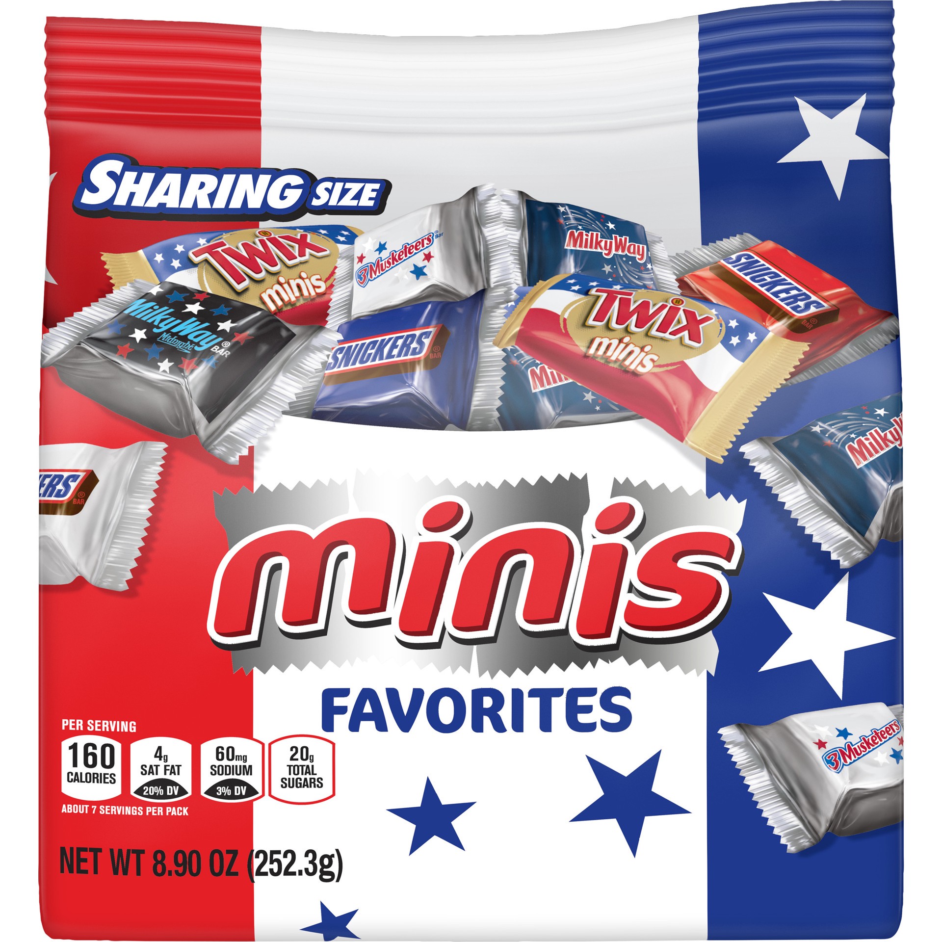 slide 1 of 5, Mixed SNICKERS, TWIX, 3 MUSKETEERS & MILKY WAY Red, White & Blue Patriotic Minis Size Variety Mix, 8.9 Oz, 8 oz