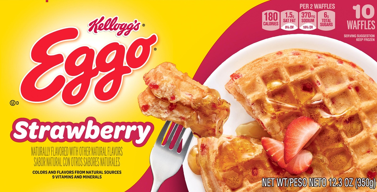 slide 9 of 10, Eggo Frozen Waffles, Frozen Breakfast, Resealable, Strawberry, 12.3 oz