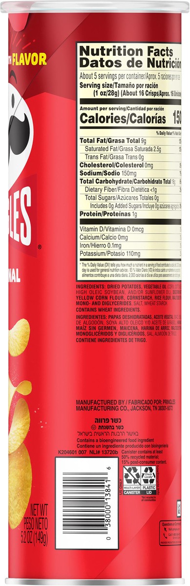 slide 4 of 8, Pringles Potato Crisps Chips, Lunch Snacks, On-The-Go Snacks, Original, 5.2oz Can, 1 Can, 5.2 oz