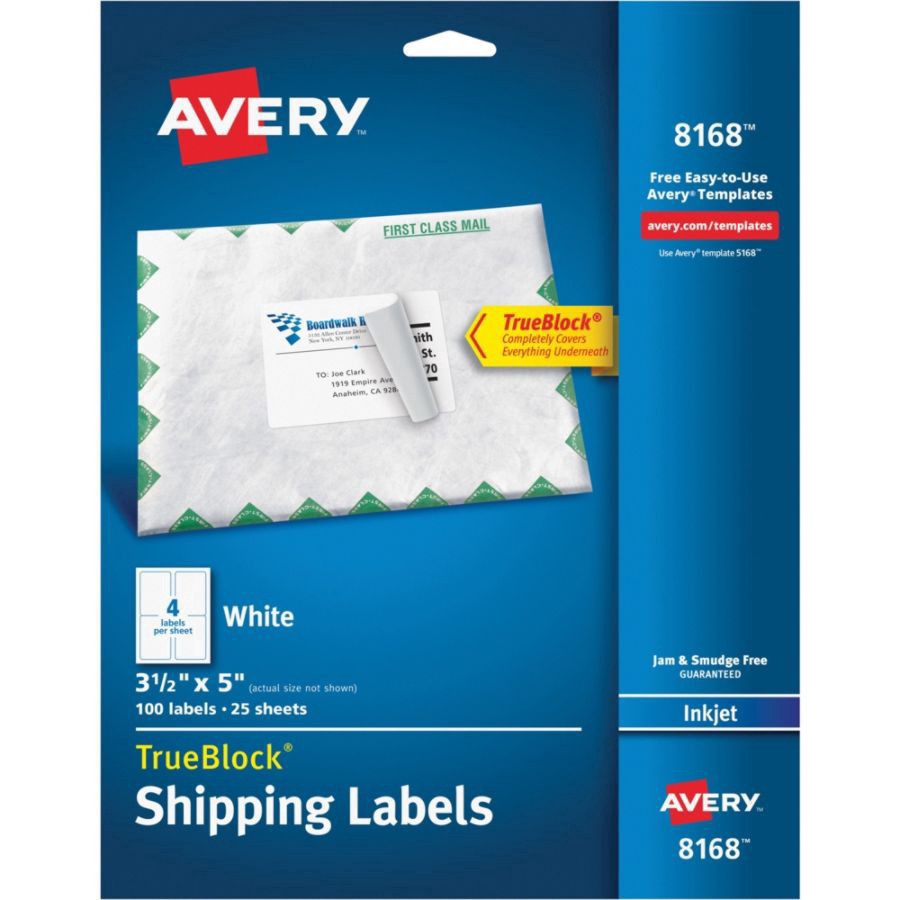 slide 2 of 8, Avery 08168, Shipping Labels with Ultrahold Ad & TrueBlock, Inkjet, 3 1/2 x 5, White, 100 ct