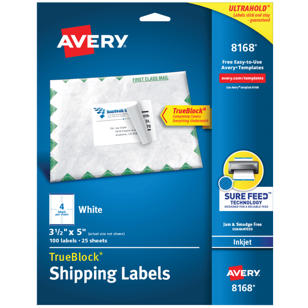 slide 1 of 8, Avery 08168, Shipping Labels with Ultrahold Ad & TrueBlock, Inkjet, 3 1/2 x 5, White, 100 ct