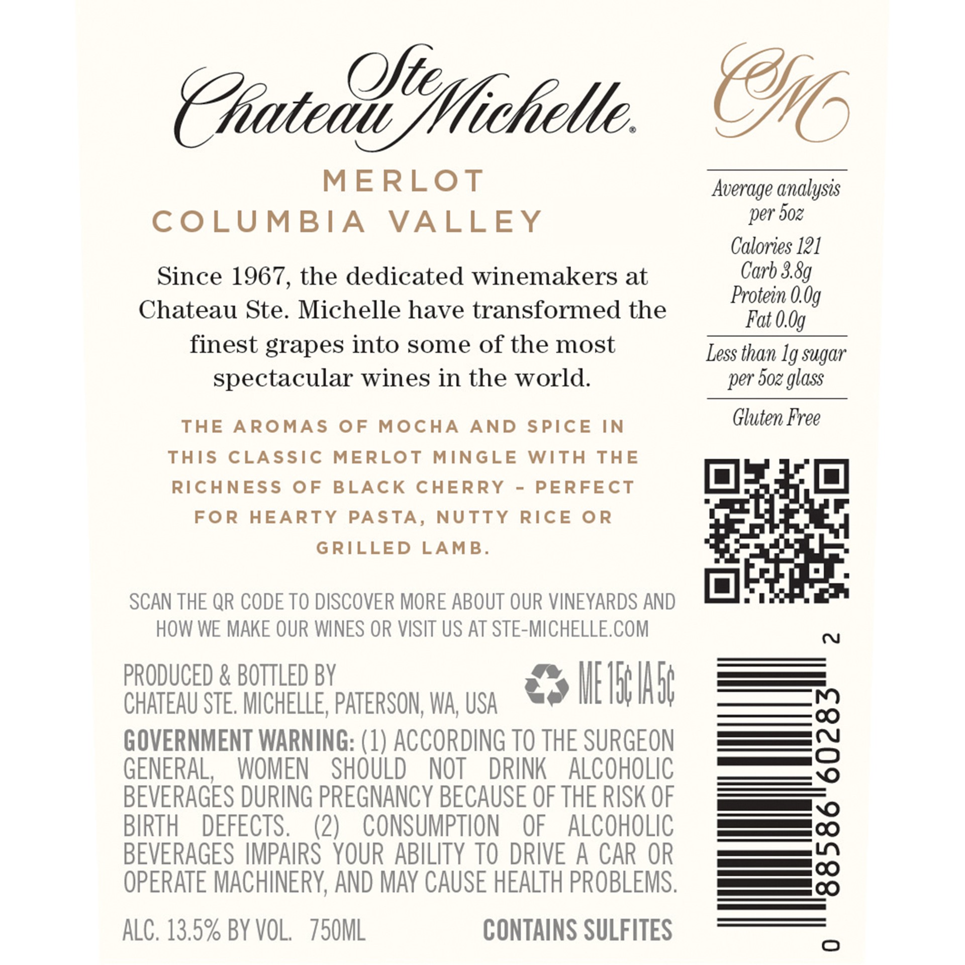 slide 5 of 8, Chateau Ste. Michelle Columbia Valley Merlot, Red Wine, 750 mL Bottle, 750 ml