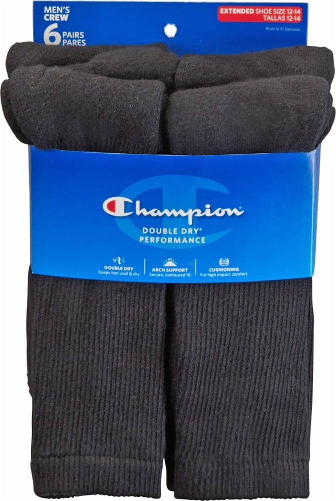 slide 1 of 1, Champion Performance Men's Crew Athletic Socks - 6 Pack (King Size) - Black, 12 ct