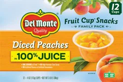 Del Monte Family Pack Diced Peaches In 100% Juice Fruit Cup Snacks 12 Cups 4 oz Cup/Tub/Bowl 12 ea Box