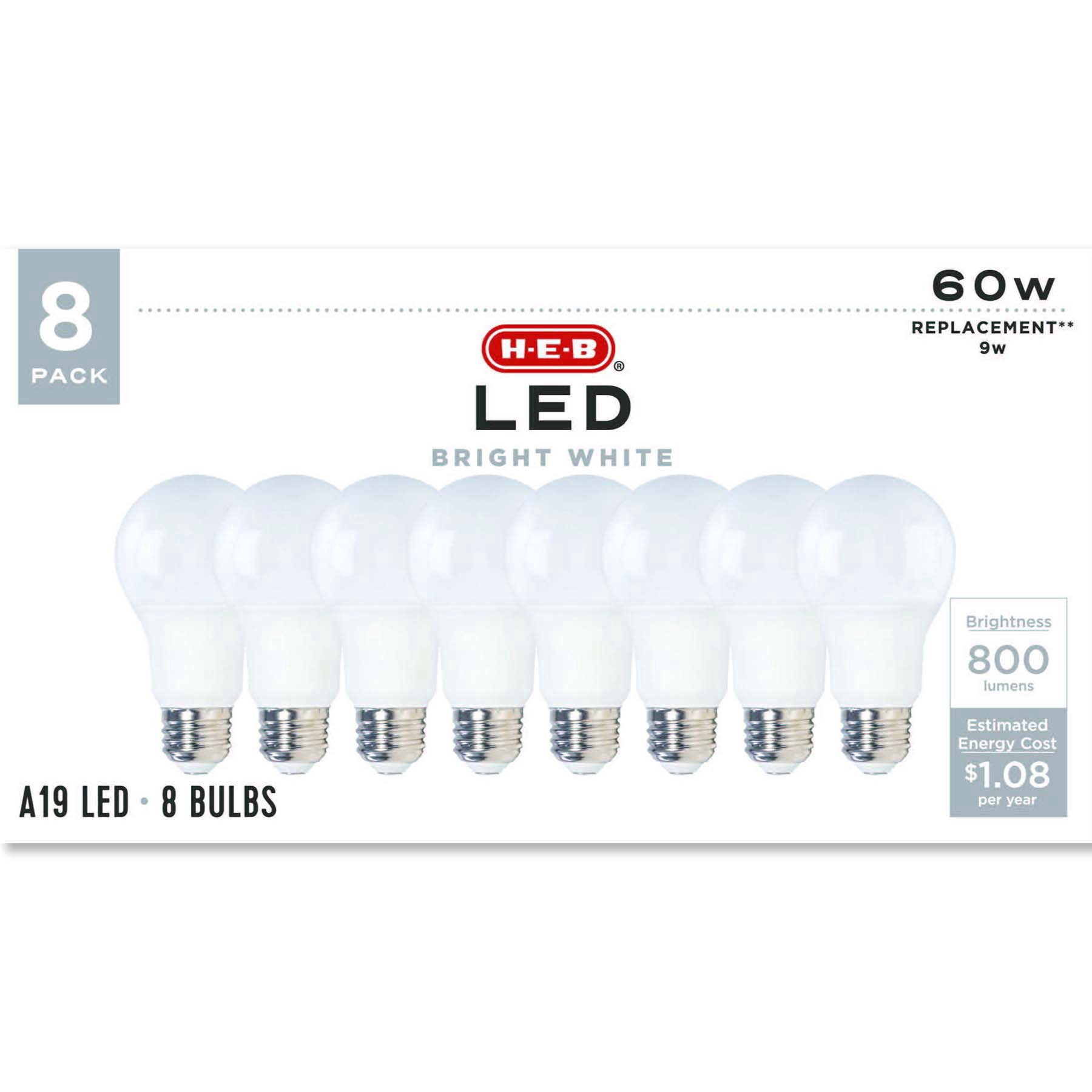 slide 1 of 1, H-E-B A19 60-Watt Bright White LED Light Bulbs, 8 ct