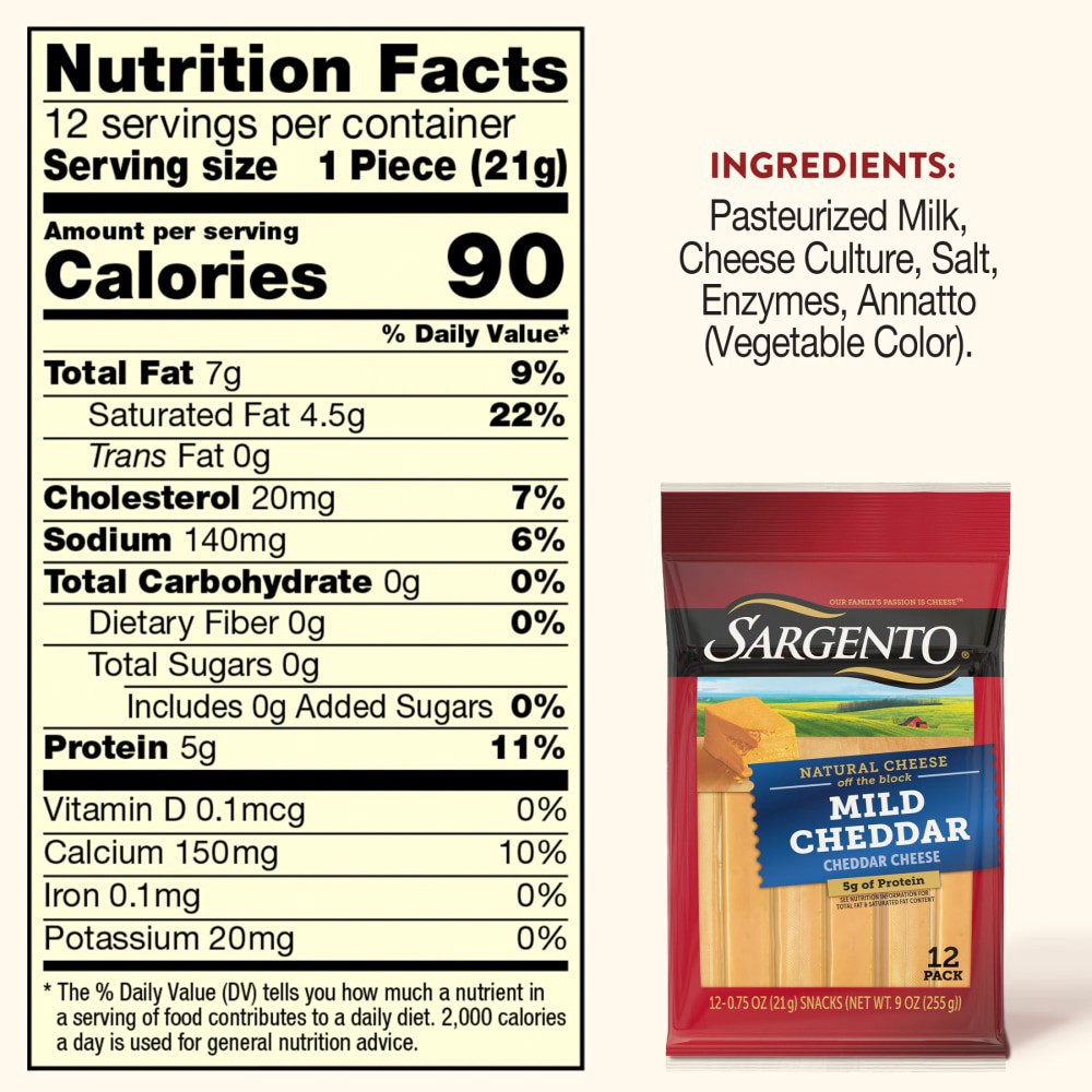 slide 5 of 5, Sargento Mild Cheddar Cheese Sticks, 12-Count, 9 oz, 9 oz