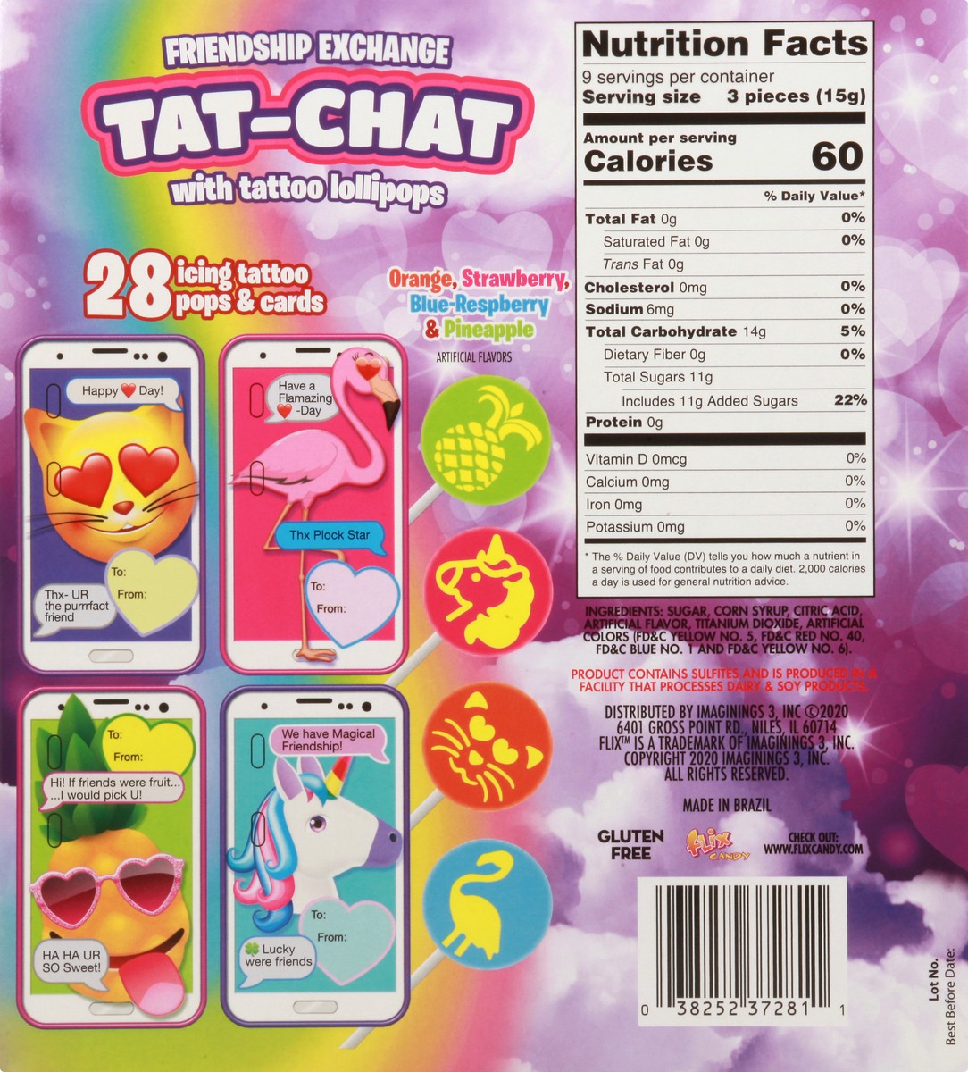 slide 2 of 13, Flix Candy with Tattoo Lollipops Orange Strawberry Blue Respberry & Pineapple Tat-Chat 4.93 oz, 4.93 oz