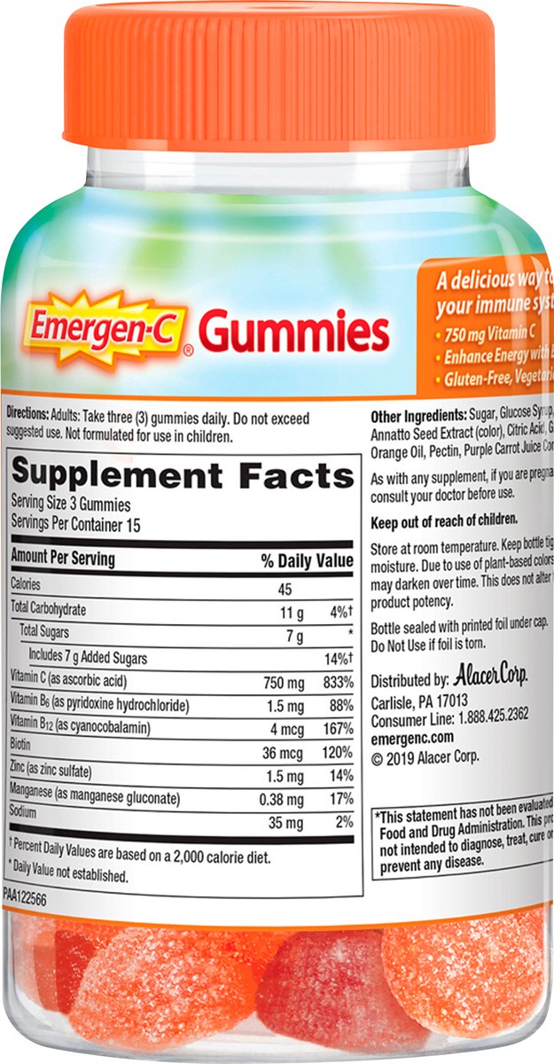 slide 6 of 8, Emergen-C Gummies 750 mg Orange, Tangerine & Raspberry Vitamin C 45 ea, 45 ct