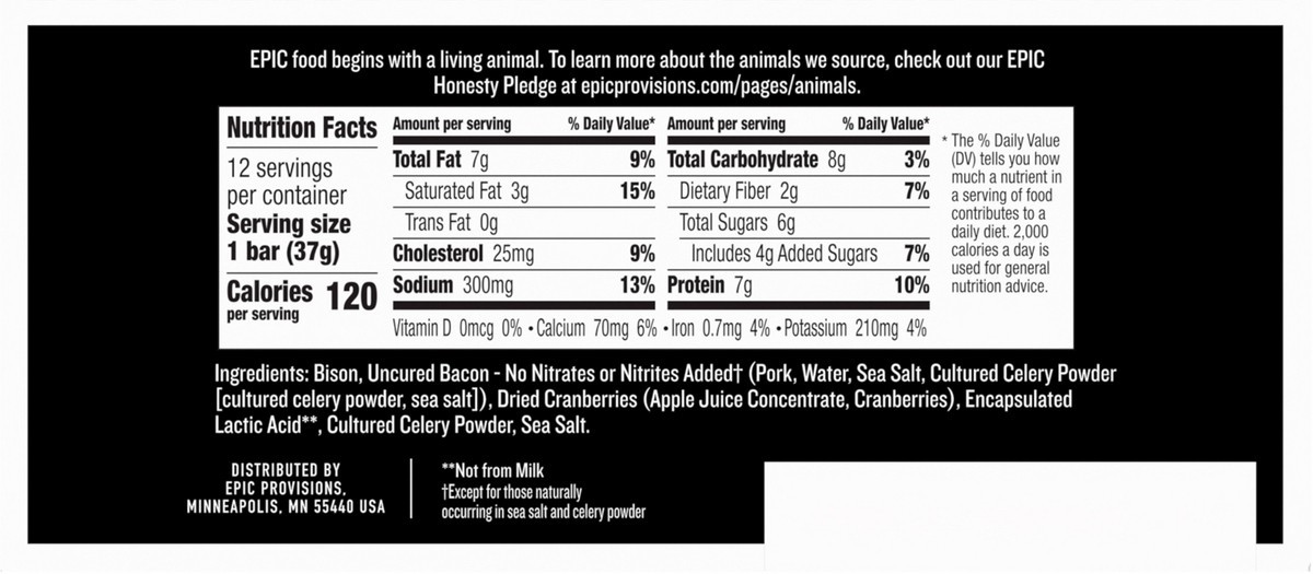 slide 4 of 13, EPIC Bison Bacon Cranberry Bars, Grass-Fed, 12 Count Box 1.3oz bars, 12 ct