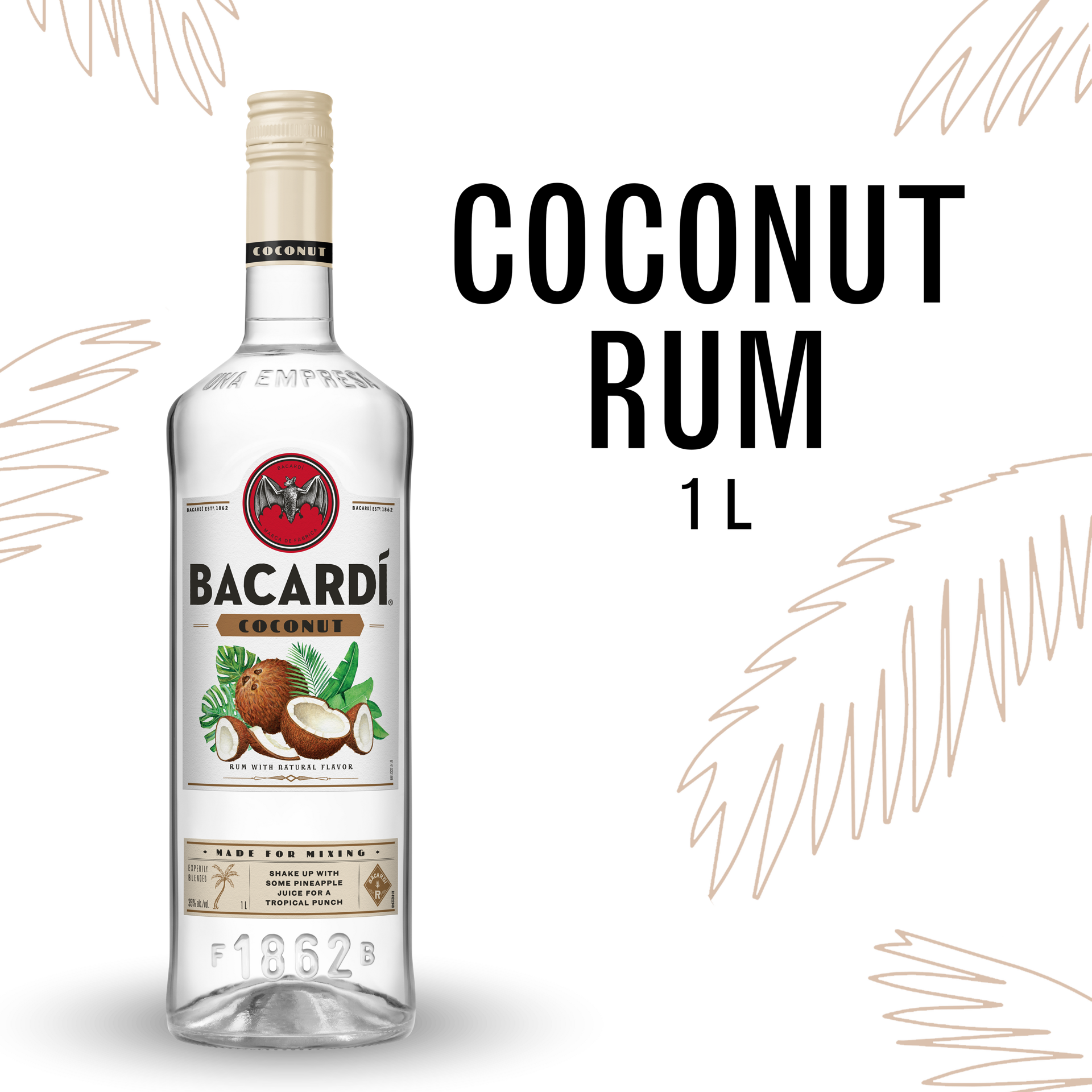 slide 1 of 5, Bacardí Bacardi Coconut Rum, Gluten Free 35% 100Cl/1L, 1 liter