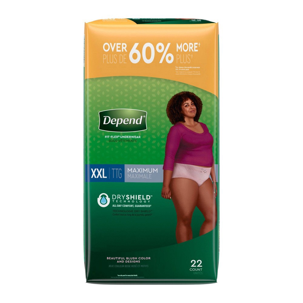 slide 7 of 8, Depend Fresh Protection Adult Incontinence Underwear for Women (Formerly Depend Fit-Flex), Disposable, Maximum, Extra-Extra-Large, Blush, 22 Count, 22 ct