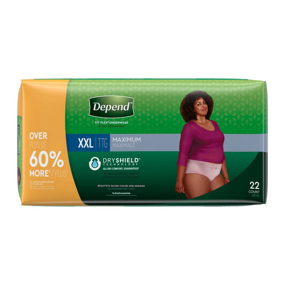 slide 3 of 8, Depend Fresh Protection Adult Incontinence Underwear for Women (Formerly Depend Fit-Flex), Disposable, Maximum, Extra-Extra-Large, Blush, 22 Count, 22 ct