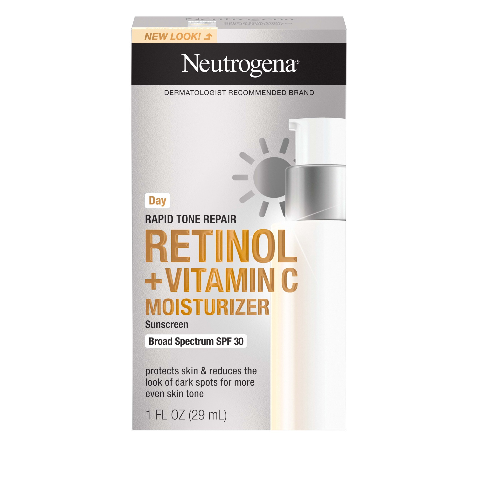 slide 5 of 5, Neutrogena Rapid Tone Repair Retinol + Vitamin C Facial Moisturizer with Retinol, Vitamin C, Hyaluronic Acid & SPF 30 Sunscreen, Tone-Evening & Brightening Face Cream, 1 fl. oz, 1 oz