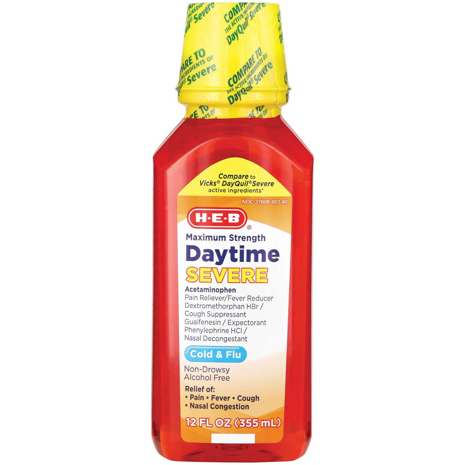 slide 1 of 1, H-E-B Maximum Strength Daytime Severe Cold & Flu Relief Liquid, 12 oz