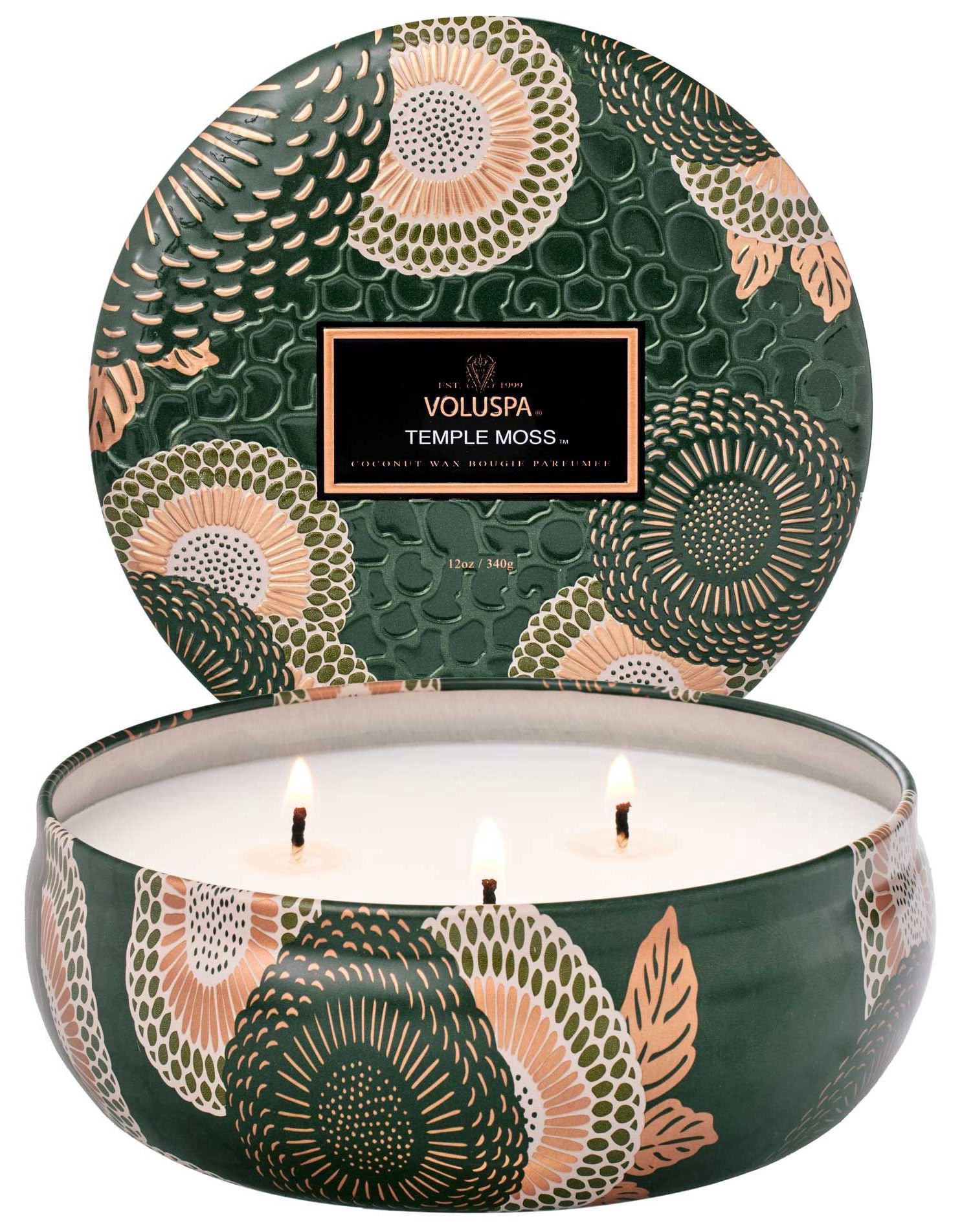 slide 1 of 1, Voluspa Temple Moss 3 Wick Tin Candle, 12 oz