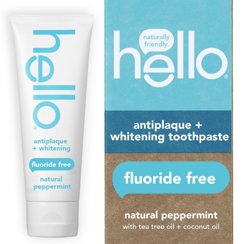 slide 1 of 7, hello Antiplaque + Whitening Fluoride Free Toothpaste, Tea Tree + Coconut Oil, Vegan & SLS Free, 4.7 oz