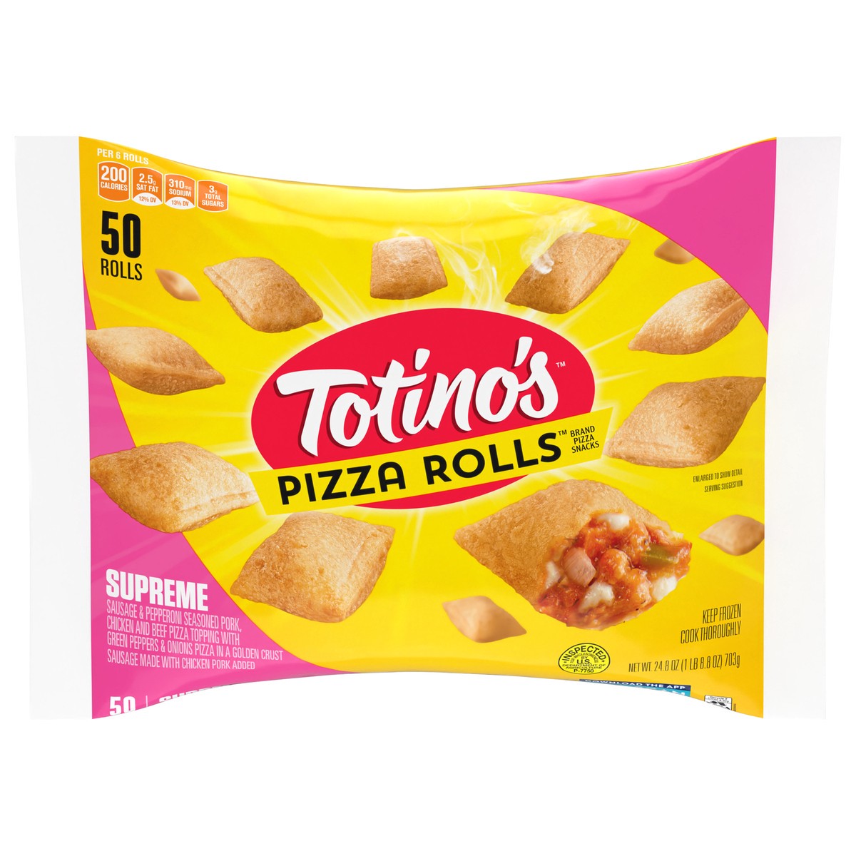 slide 1 of 9, Totino's Pizza Rolls, Supreme Flavored, Frozen Snacks, 50 Rolls, 24.8 oz, 50 ct