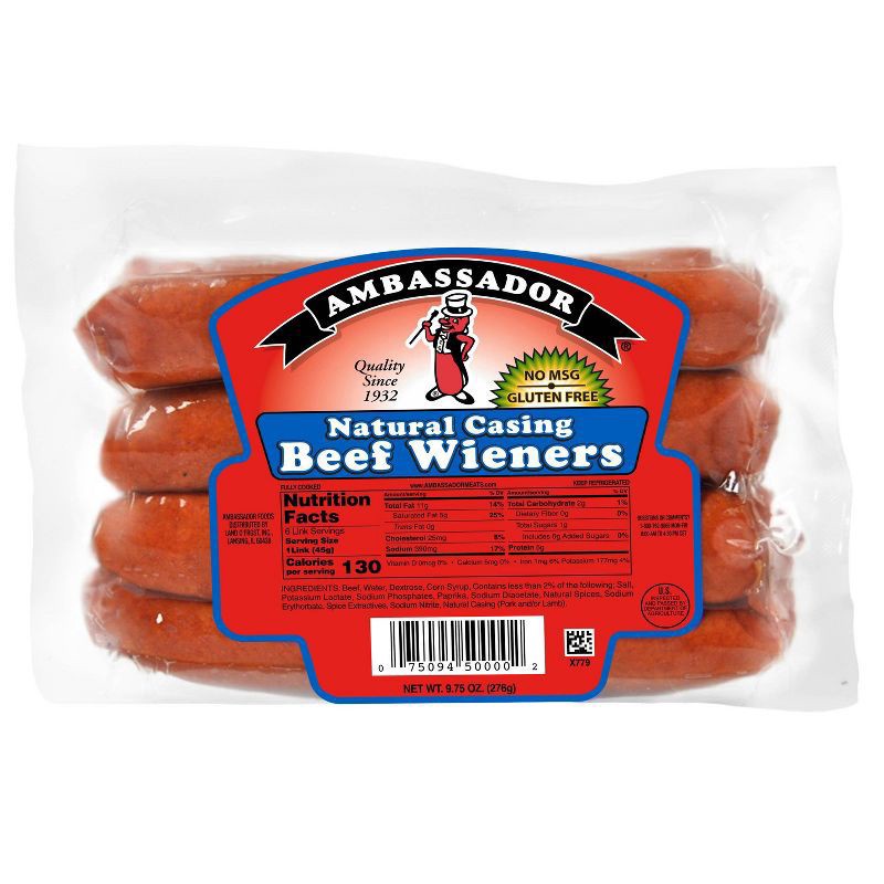 slide 1 of 4, Ambassador Natural Casing Beef Wieners - 9.75oz, 9.75 oz