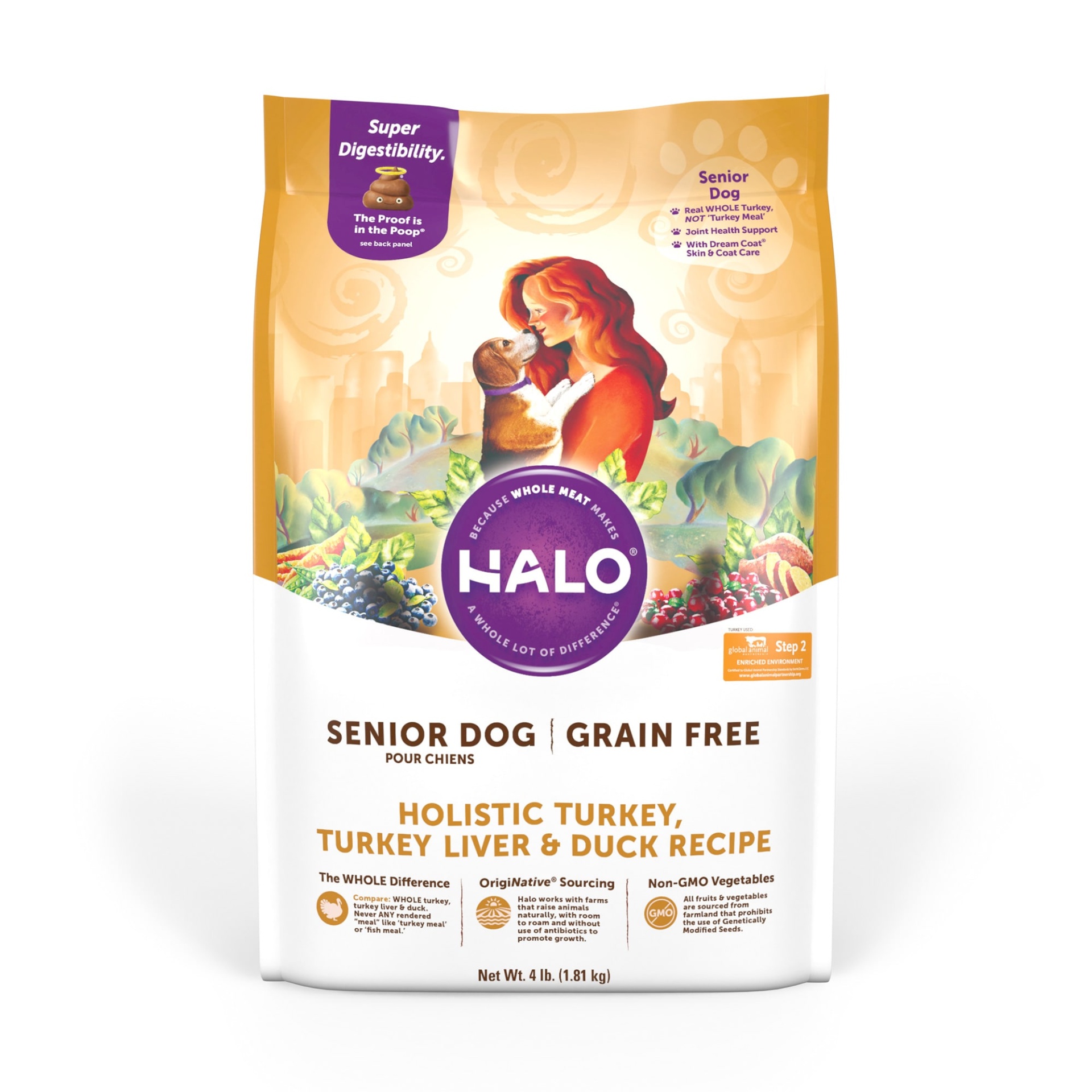 slide 1 of 1, Halo Holistic Grain Free Turkey, Turkey Liver & Duck Recipe Senior Dry Dog Food, 4 lb