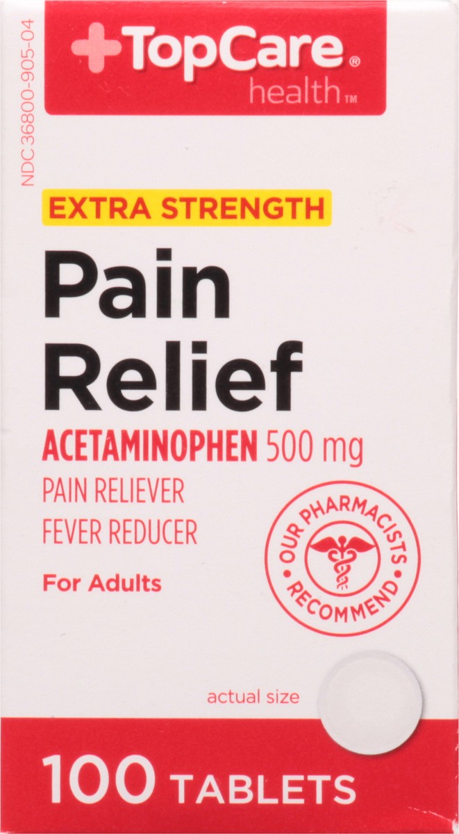 slide 1 of 9, TopCare Extra Strength Pain Relief Acetaminophen 500 mg Caplets, 100 ct