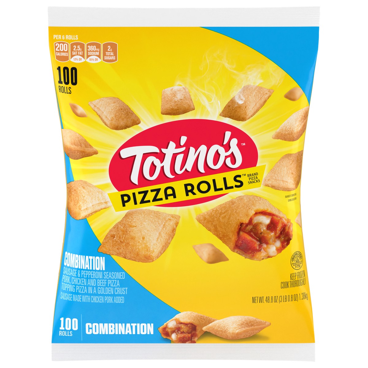 slide 1 of 11, Totino's Pizza Rolls, Combination Flavored, Frozen Snacks, 100 Rolls, 48.8 oz, 100 ct